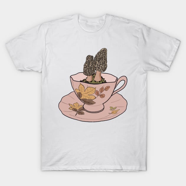 Autumn Cottagecore Morel Mushrooms Tea cup T-Shirt by JuneNostalgia